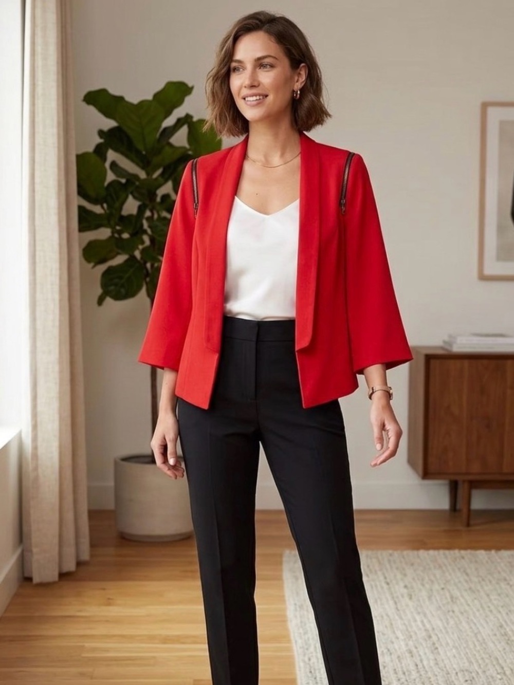 Y2K Star Style Women’s Red Cropped Open Blazer Jacket Zipper Accents Size M Edgy